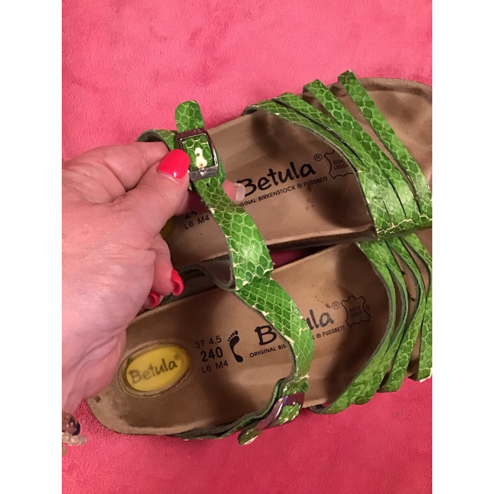 Betula Green Snakeskin Strap Sandals US 6 Brown Footbed Peeling - Picture 5 of 10